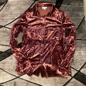 Shyanne Velvet Button-Down Shirt in Burgundy